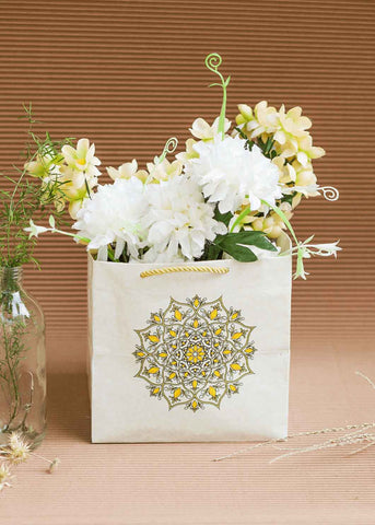 Premium Floral Cream Bag 7.7x7.7 inch - Golden design Patter - Square Bag For Gift Box Packaging