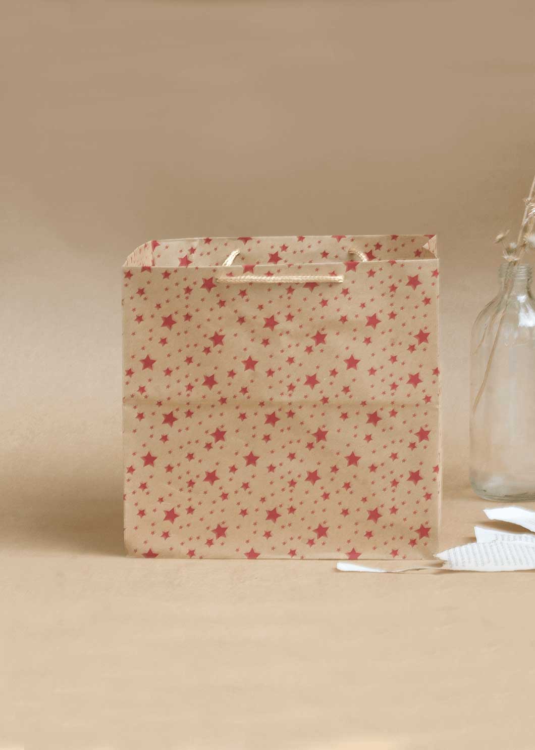 Craft Paper Bag Star Pattern - Craft Bag - Golden Silver Red - 9x9 Paper Bag